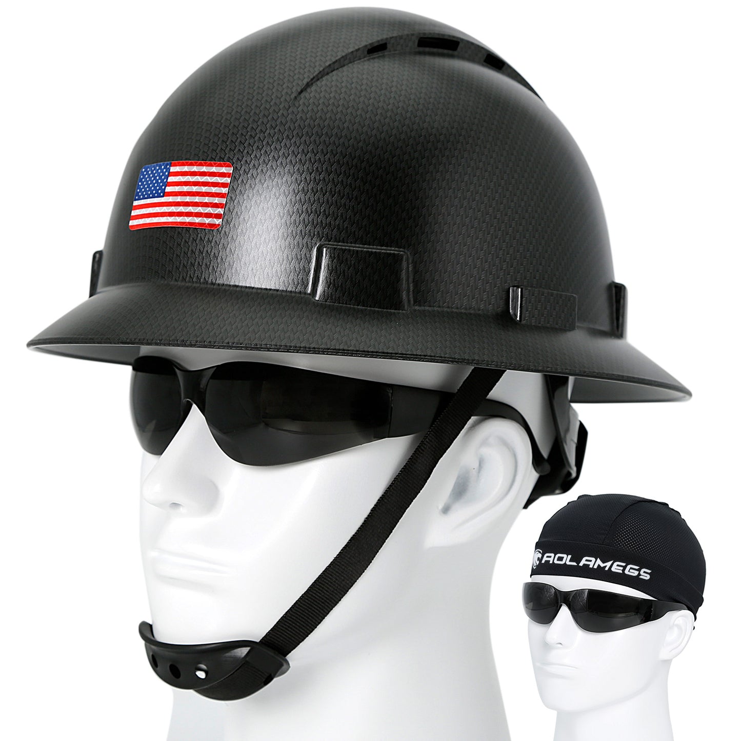 Aolamegs Safe Carbon Fiber Full Brim Hard Hat with Tinted Safety Glasses and Hard Hat Liner ANSI Z89.1 Type 1 Class C