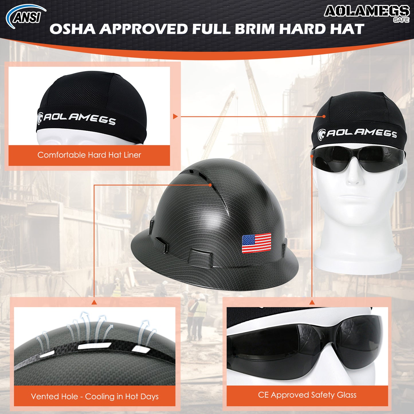 Aolamegs Safe Carbon Fiber Full Brim Hard Hat with Tinted Safety Glasses and Hard Hat Liner ANSI Z89.1 Type 1 Class C