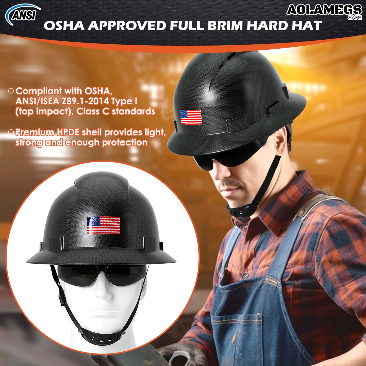 Aolamegs Safe Carbon Fiber Full Brim Hard Hat with Tinted Safety Glasses and Hard Hat Liner ANSI Z89.1 Type 1 Class C