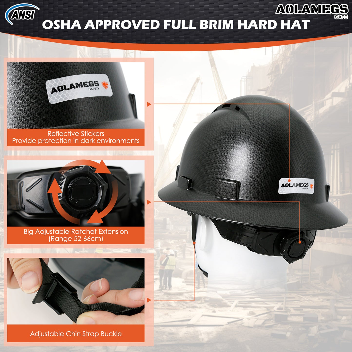 Aolamegs Safe Carbon Fiber Full Brim Hard Hat with Tinted Safety Glasses and Hard Hat Liner ANSI Z89.1 Type 1 Class C