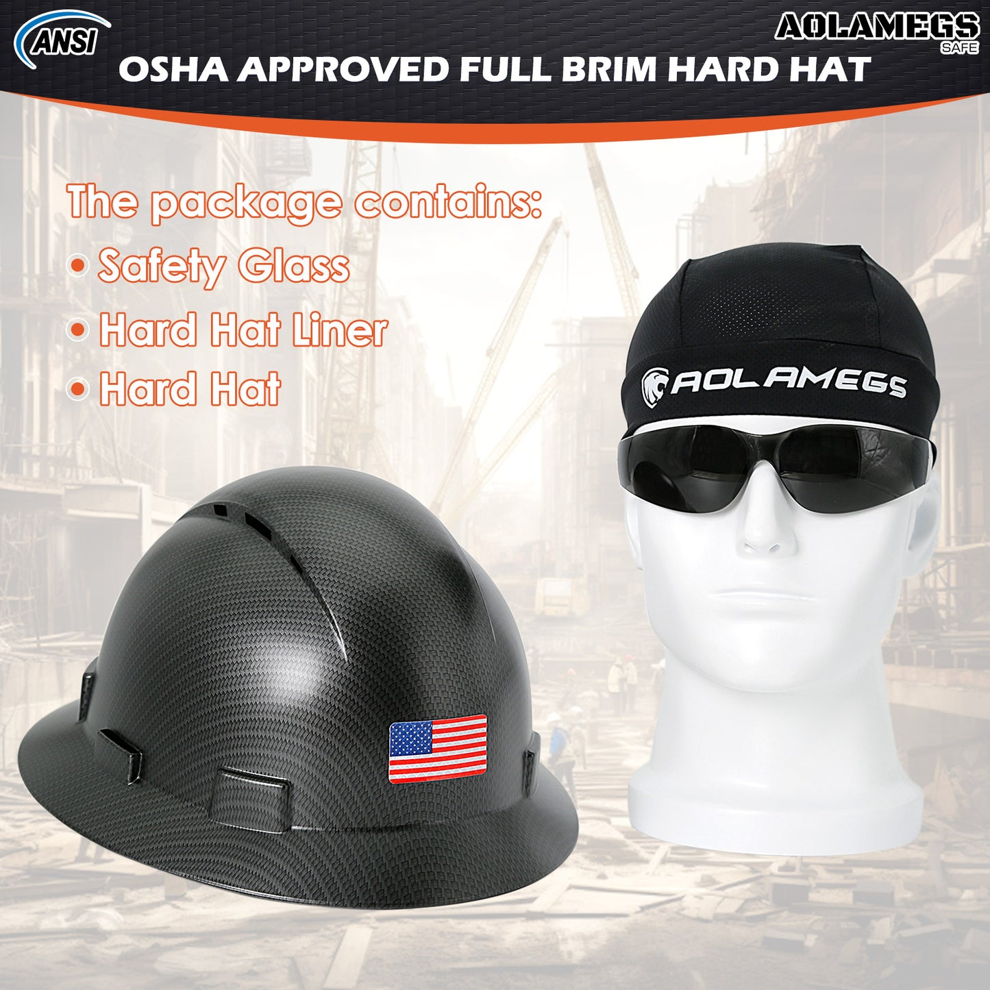 Aolamegs Safe Carbon Fiber Full Brim Hard Hat with Tinted Safety Glasses and Hard Hat Liner ANSI Z89.1 Type 1 Class C