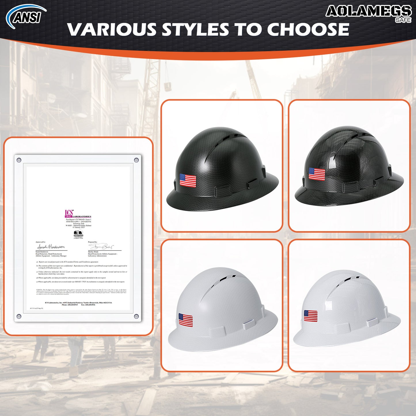 Aolamegs Safe Carbon Fiber Full Brim Hard Hat with Tinted Safety Glasses and Hard Hat Liner ANSI Z89.1 Type 1 Class C