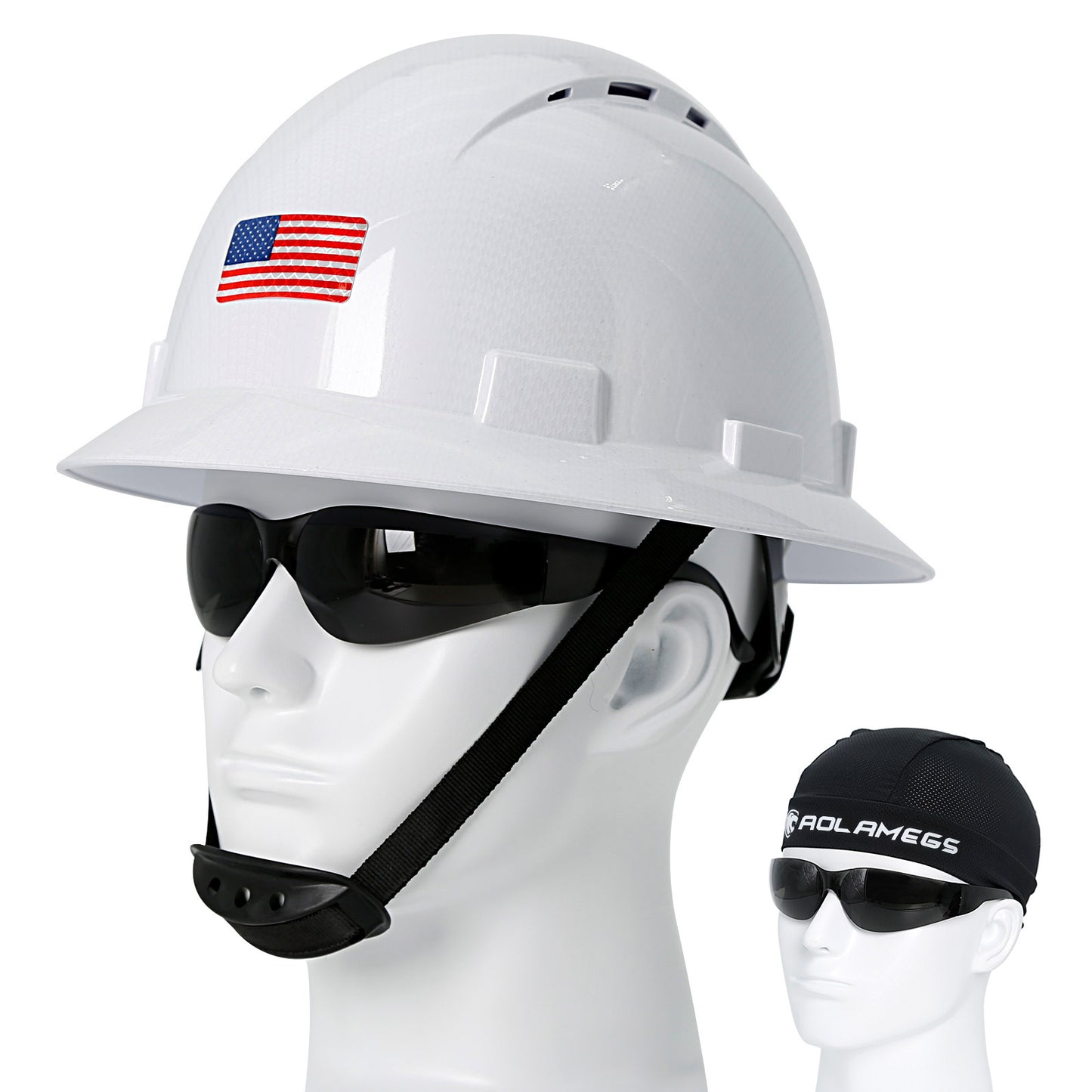 Aolamegs Safe Carbon Fiber Full Brim Hard Hat with Tinted Safety Glasses and Hard Hat Liner ANSI Z89.1 Type 1 Class C