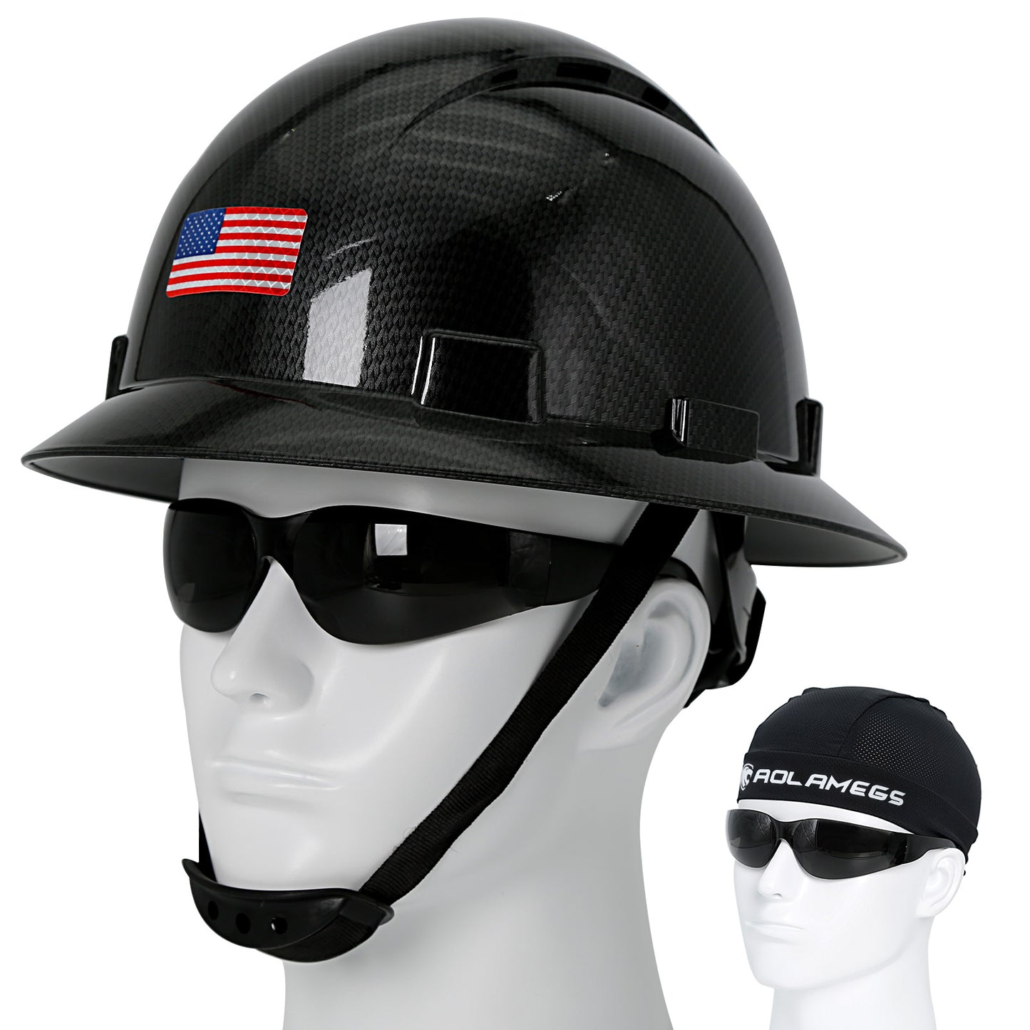 Aolamegs Safe Carbon Fiber Full Brim Hard Hat with Tinted Safety Glasses and Hard Hat Liner ANSI Z89.1 Type 1 Class C