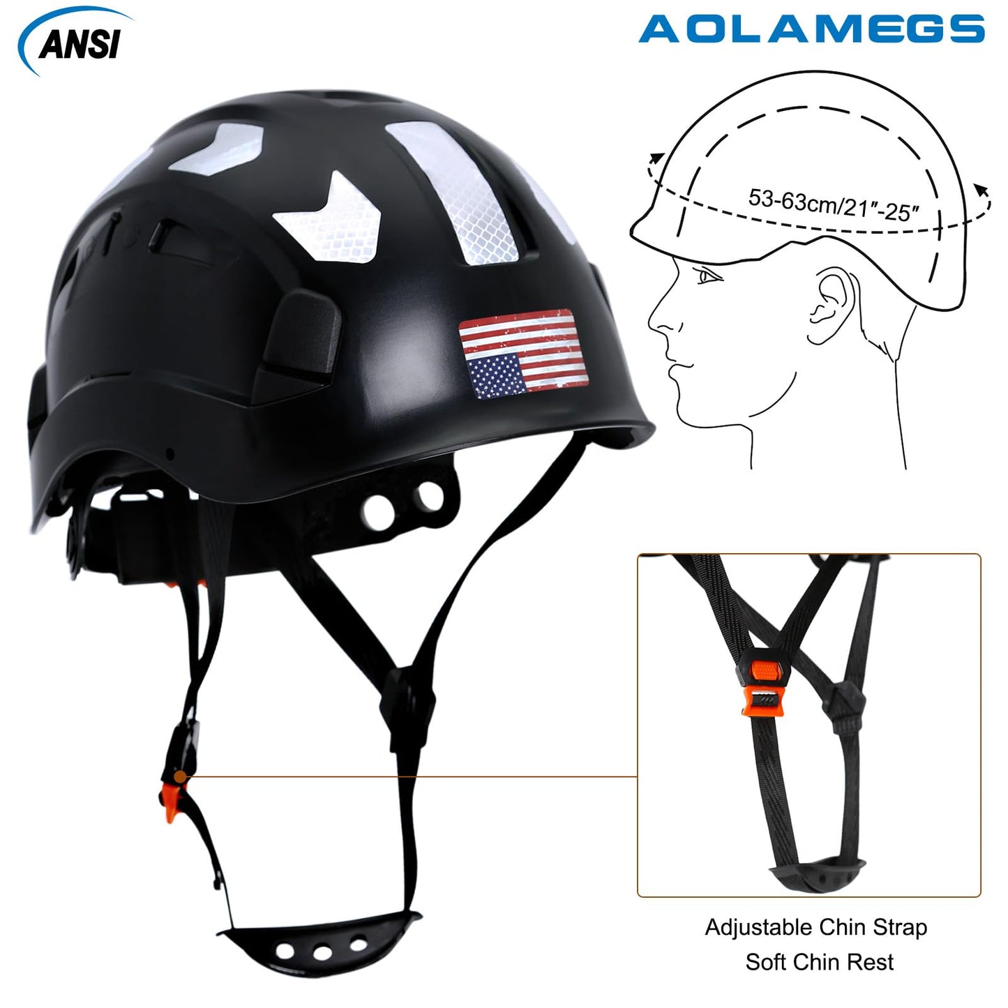 AOLAMEGS Construction Safety Hard Hat - ANSI Z89.1 OSHA Approved Safety Helmets with Chin Straps Lightweight Reflective Vented ABS Hard Hats for Men Women Industrial Workwear 6-Point Suspension