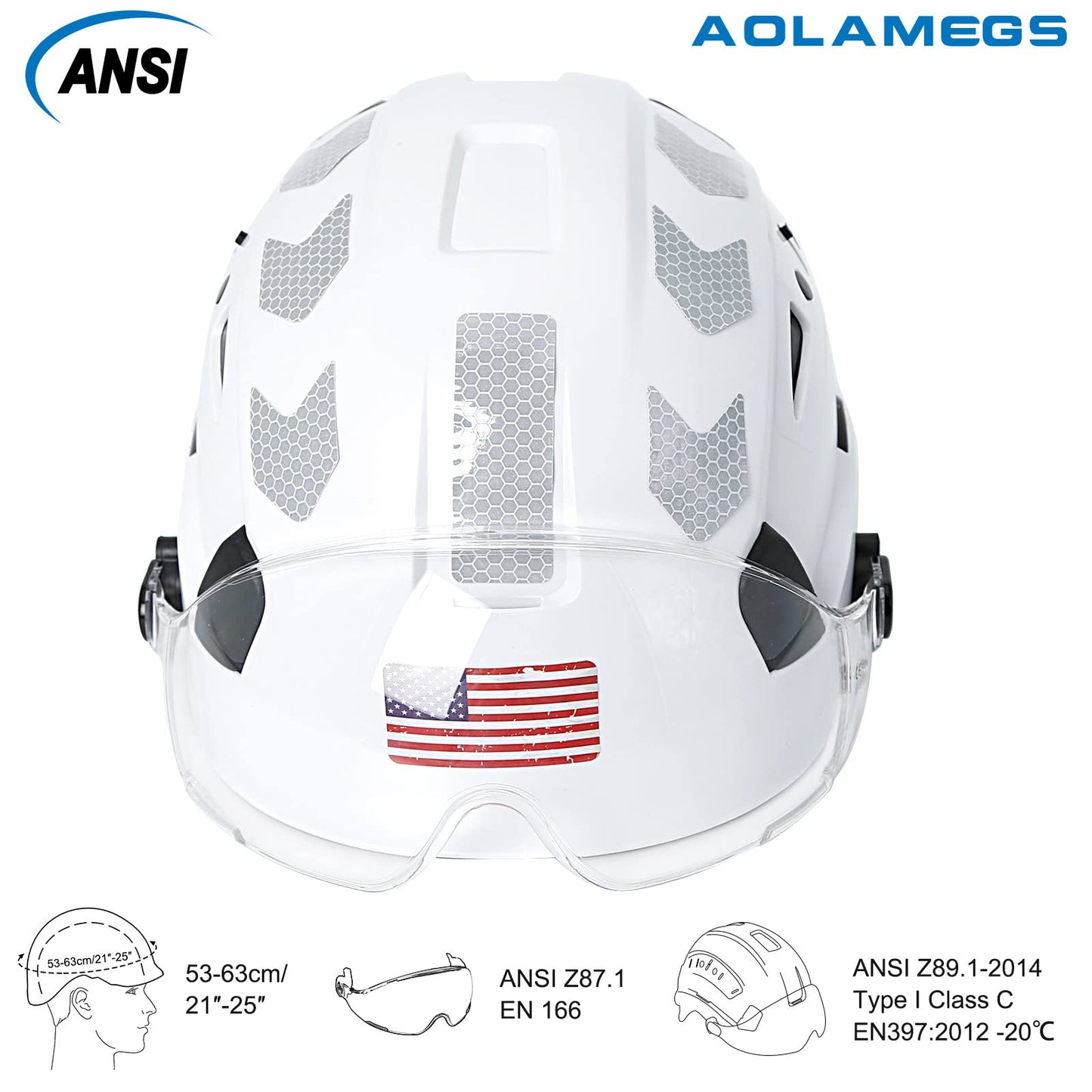 AOLAMEGS Construction Safety Hard Hat - ANSI Z89.1 OSHA Approved Safety Helmets with Chin Straps Lightweight Reflective Vented ABS Hard Hats for Men Women Industrial Workwear 6-Point Suspension