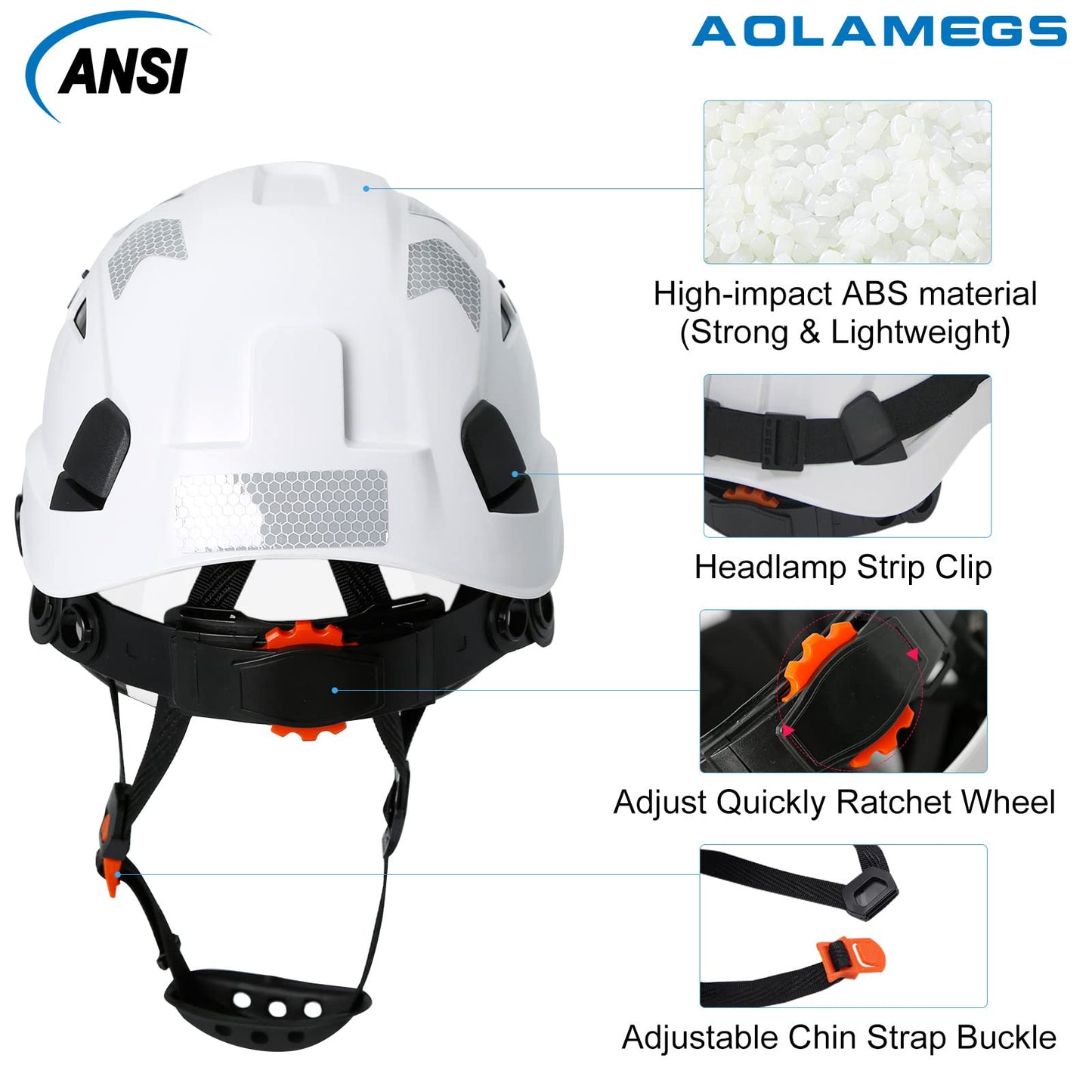 AOLAMEGS Construction Safety Hard Hat - ANSI Z89.1 OSHA Approved Safety Helmets with Chin Straps Lightweight Reflective Vented ABS Hard Hats for Men Women Industrial Workwear 6-Point Suspension