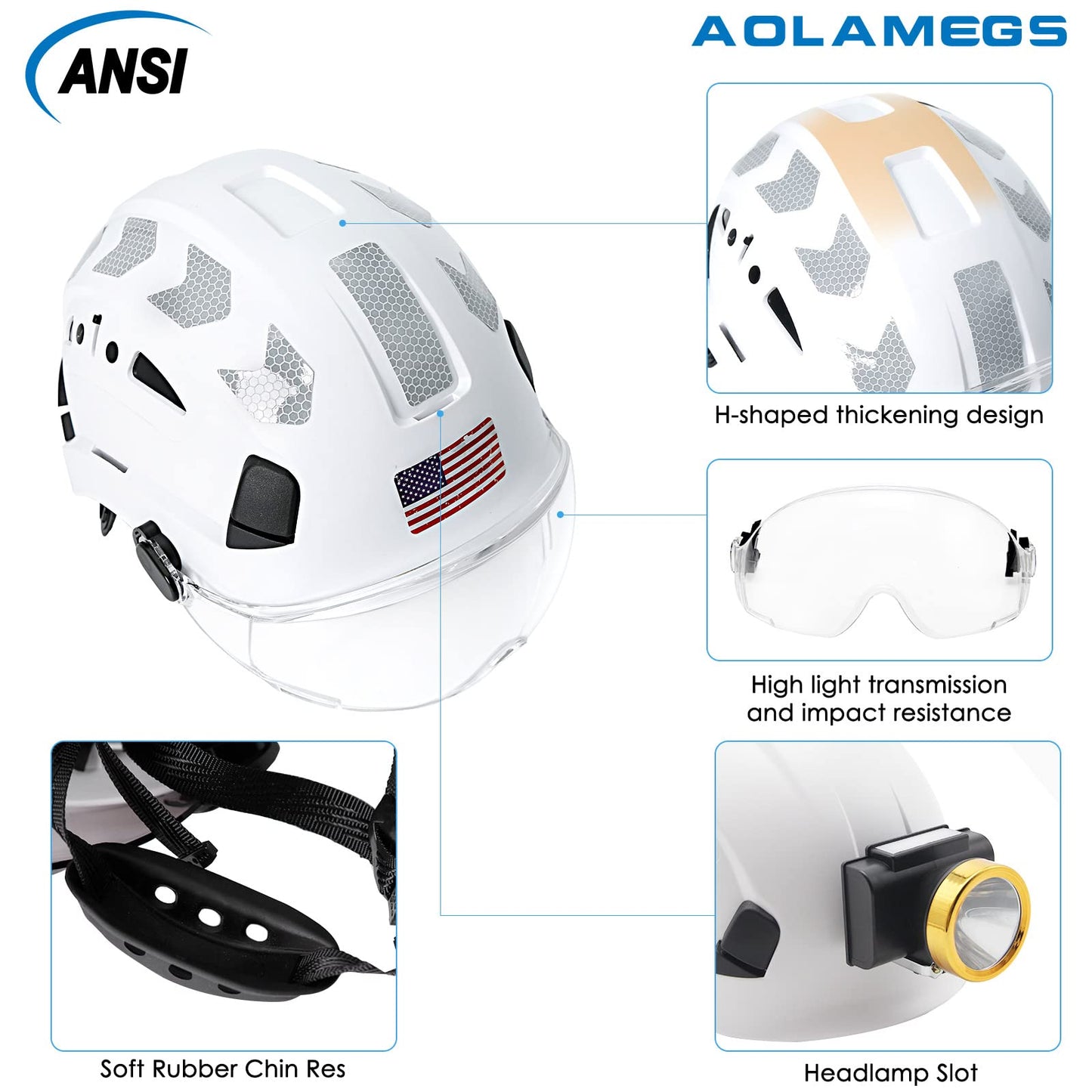 AOLAMEGS Construction Safety Hard Hat - ANSI Z89.1 OSHA Approved Safety Helmets with Chin Straps Lightweight Reflective Vented ABS Hard Hats for Men Women Industrial Workwear 6-Point Suspension