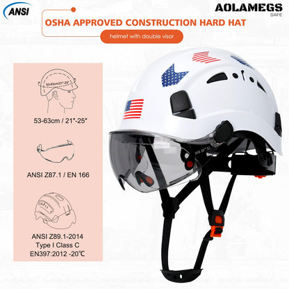 Hard Hats Construction OSHA Approved With Double Visor - Cascos De Construccion Vented Hard Hat With Clear and Tinted Visor Construction Safety Helmet Hat With Chin Straps 6pt Suspension