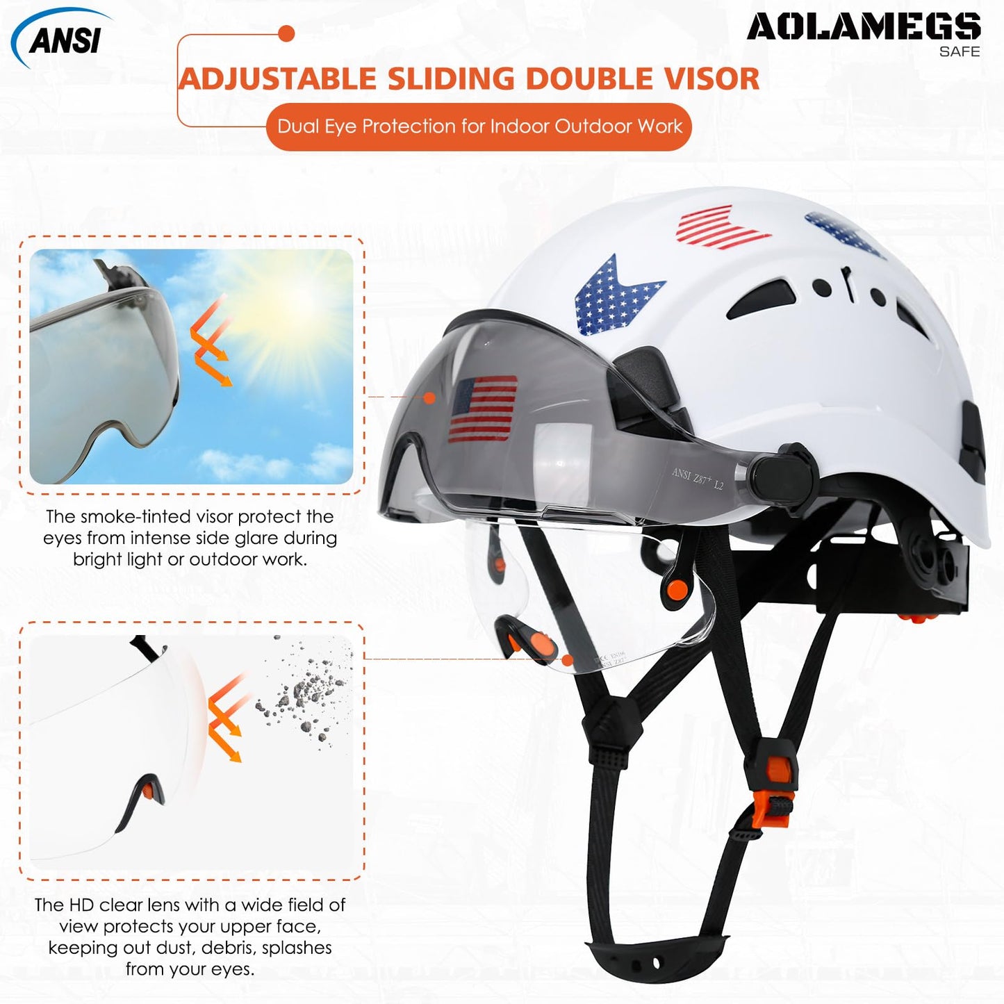 Hard Hats Construction OSHA Approved With Double Visor - Cascos De Construccion Vented Hard Hat With Clear and Tinted Visor Construction Safety Helmet Hat With Chin Straps 6pt Suspension